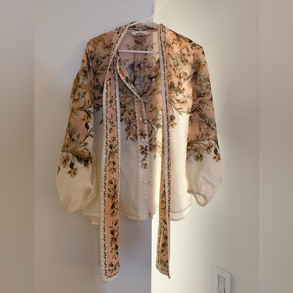 Zimmermann Chintz bow floral-print embroidered ramie blouse Size 2
